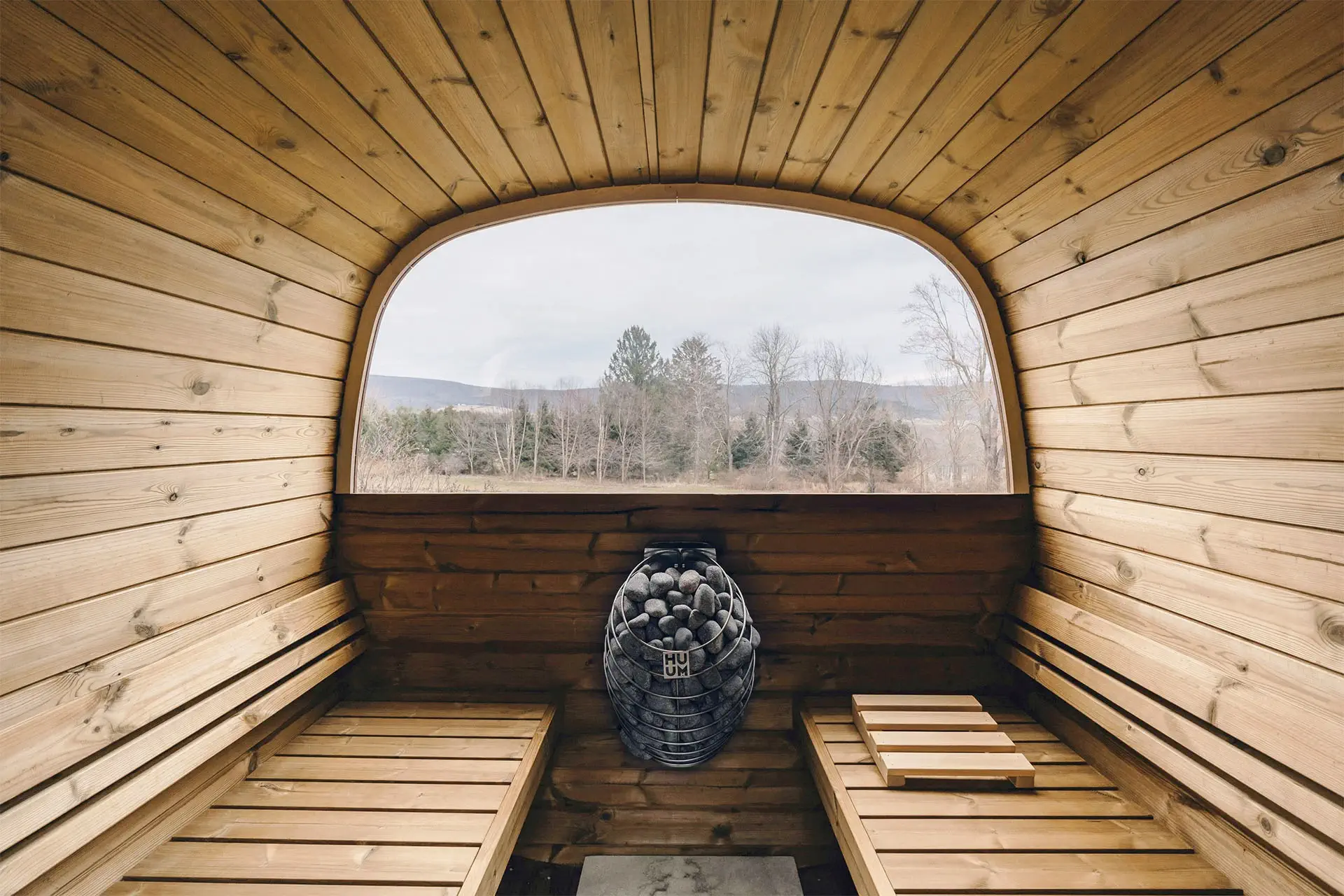 Indoor view of a wooden sauna room at Belleza Center